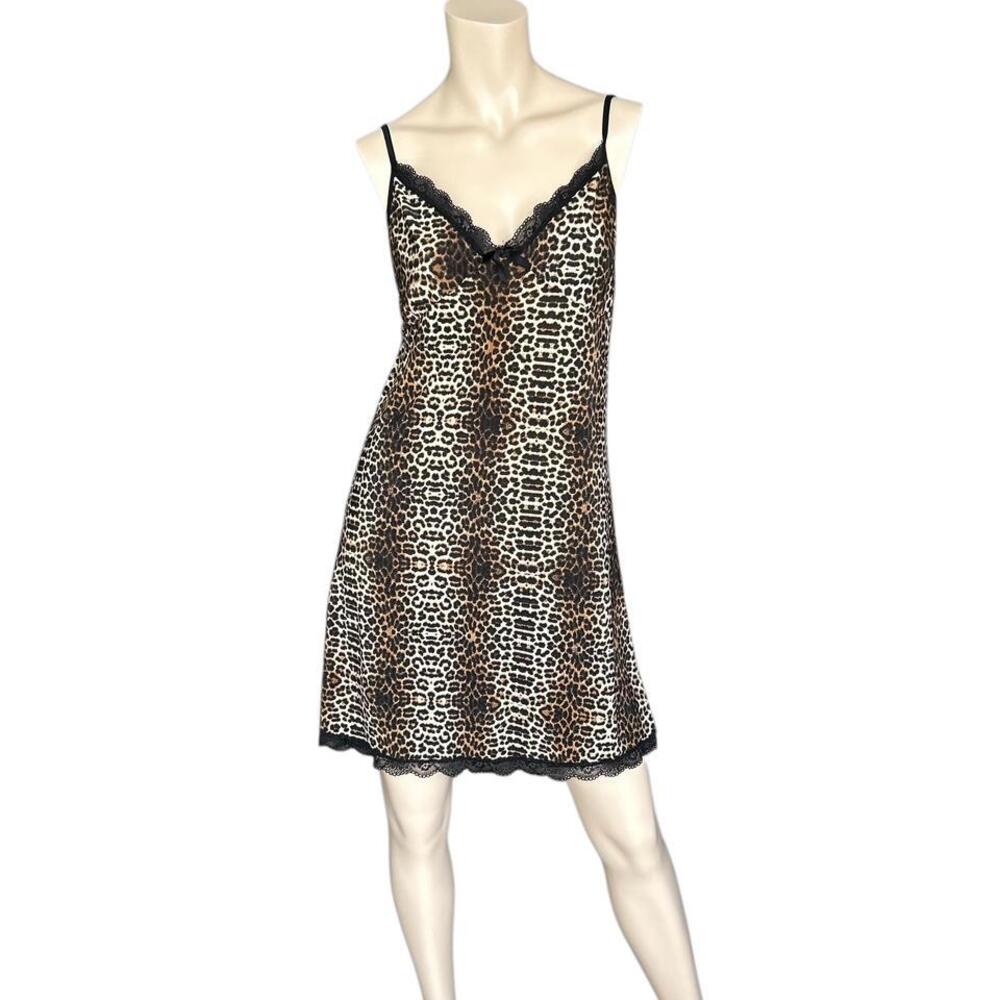 Y2K Leopard Animal Print Slip Dress Lace Size 12 Grunge Fairycore